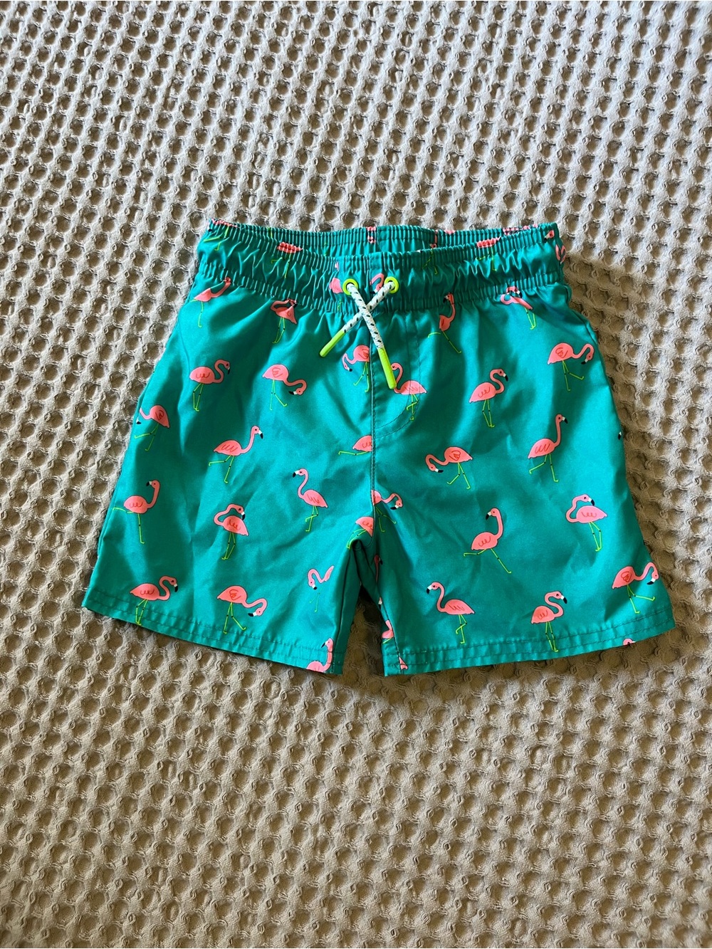 5 for $10 Cat & Jack Teal Swim Trunks with Pink Flamingo Print